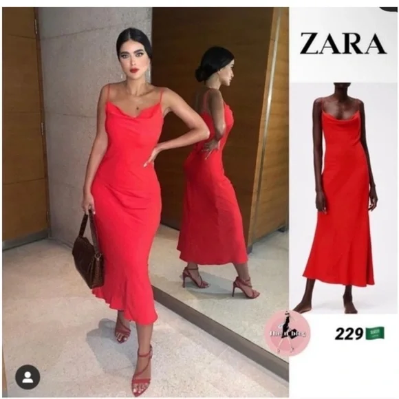 Zara bright Red Satin Effect Lingerie Style maxi Cowl Neck Dress - Picture 10 of 13